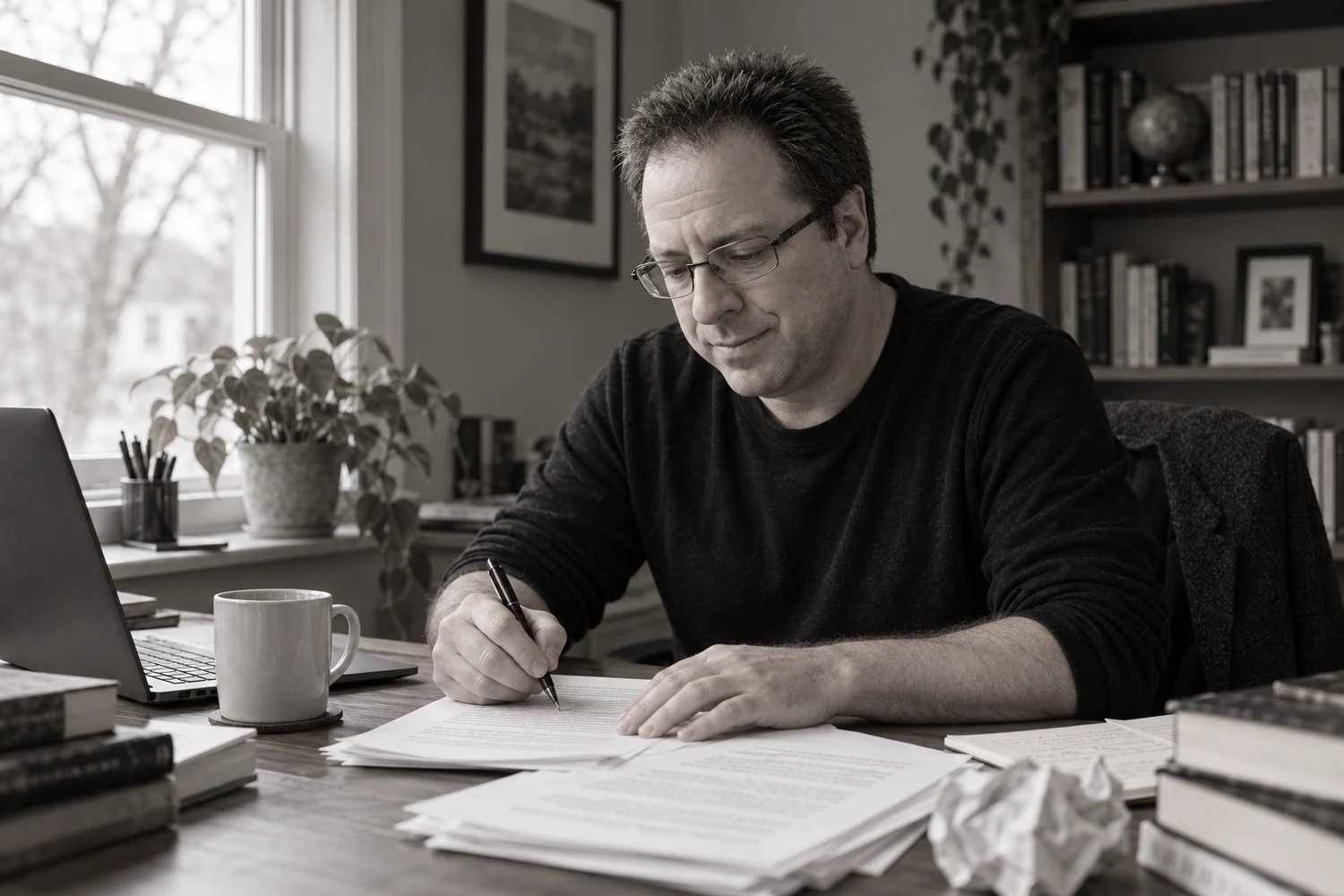 Malcolm Rusk at his writing desk